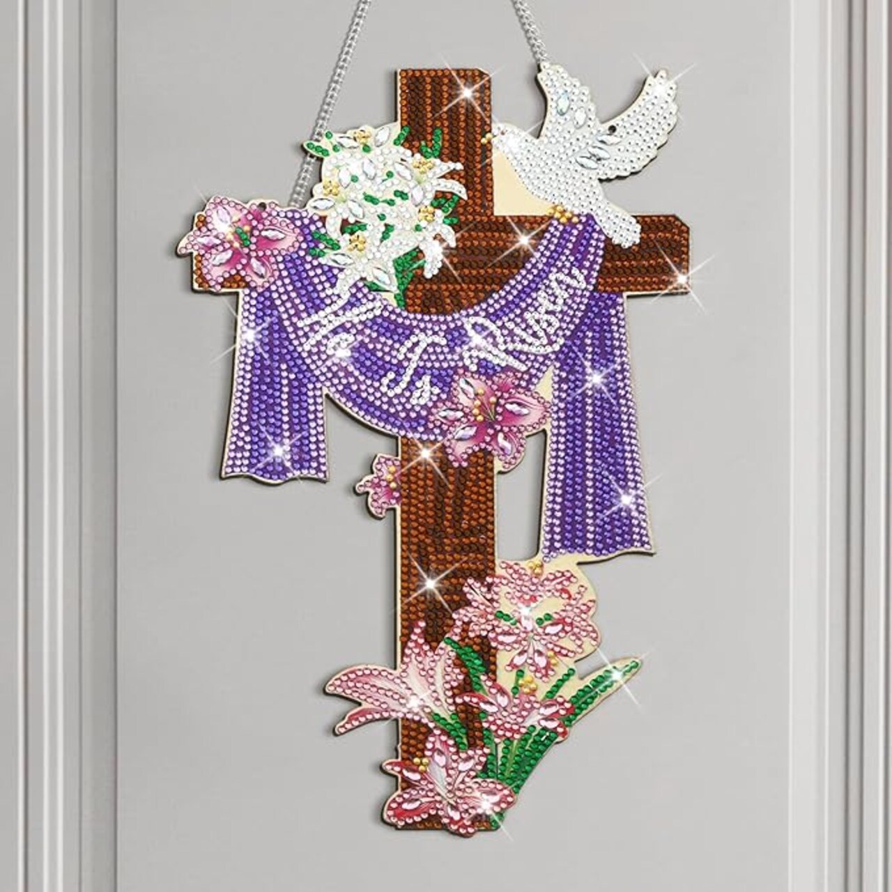 He Is Risen Easter Diamond Painting Hanging Sign 5d DIY Diamond Painting Easter Door Hanger Religious Cross Sign He Is Risen Wooden Decorations for Art Wall Home Indoor Outdoor